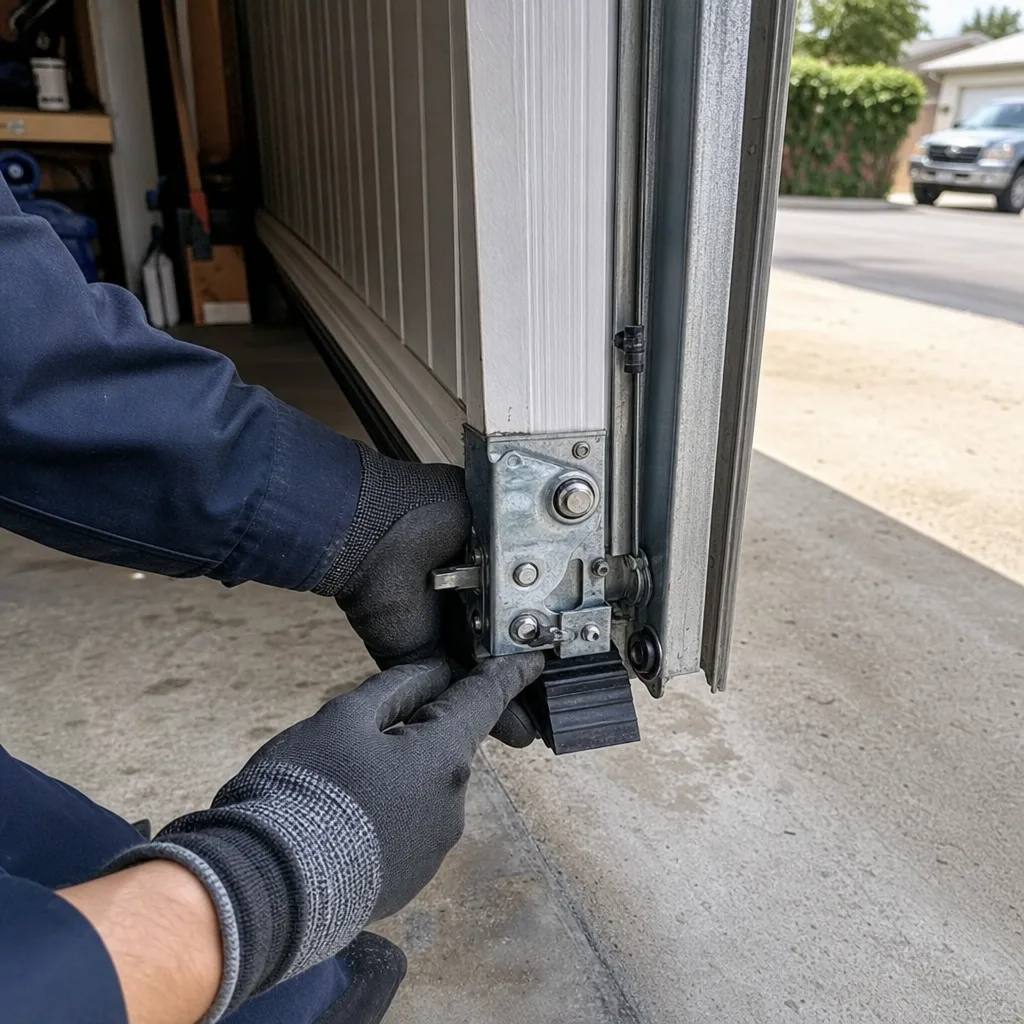 Technician performing emergency garage door repair on mounting bracket in Camarillo, CA