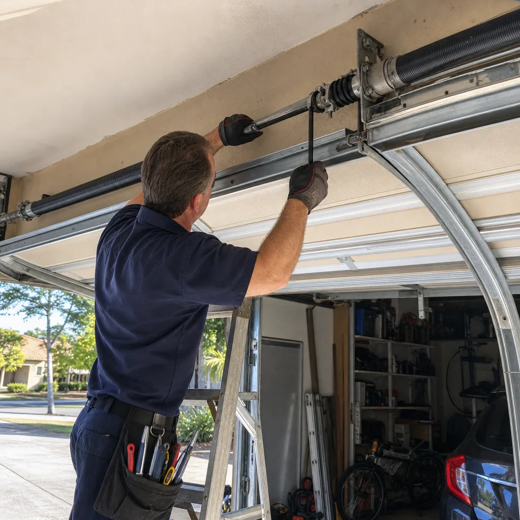Technician performing garage door spring repair and maintenance in Oak Park, CA