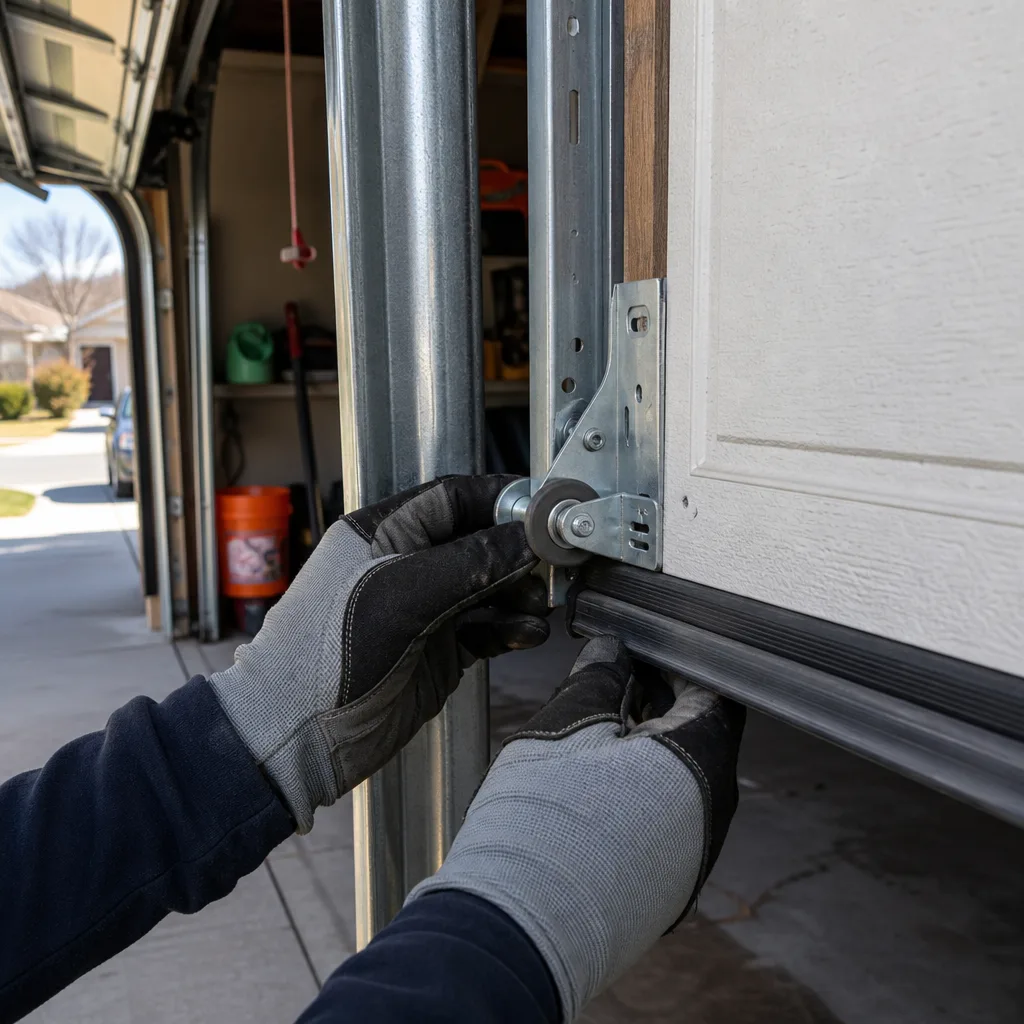 Professional technician repairing garage door roller and track assembly in Oak Park, CA